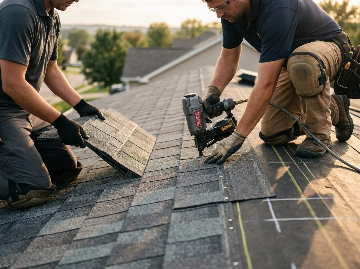Professional roofer working on a residential roof in Whitemarsh Island